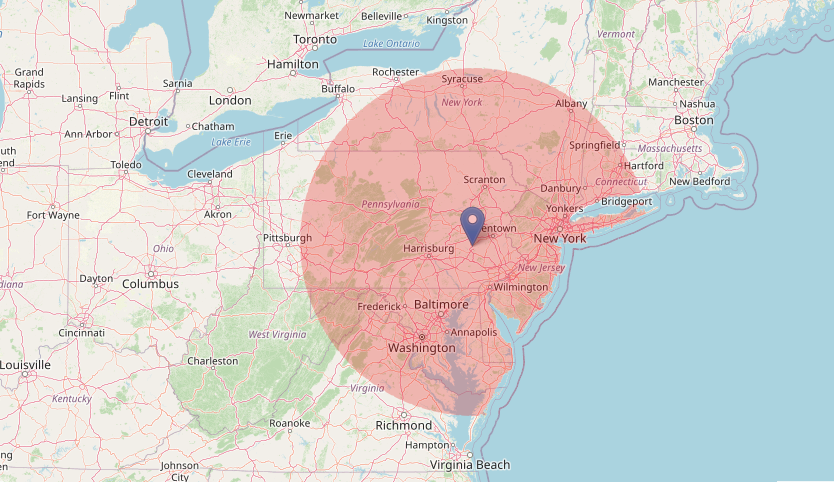 Service area map showing 200-mile radius from Berks County, PA